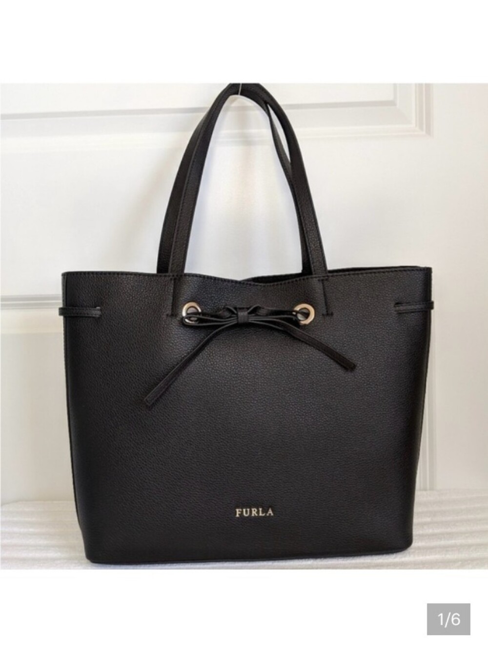 Furla Black Pebbled Leather Tote with Bow Accent